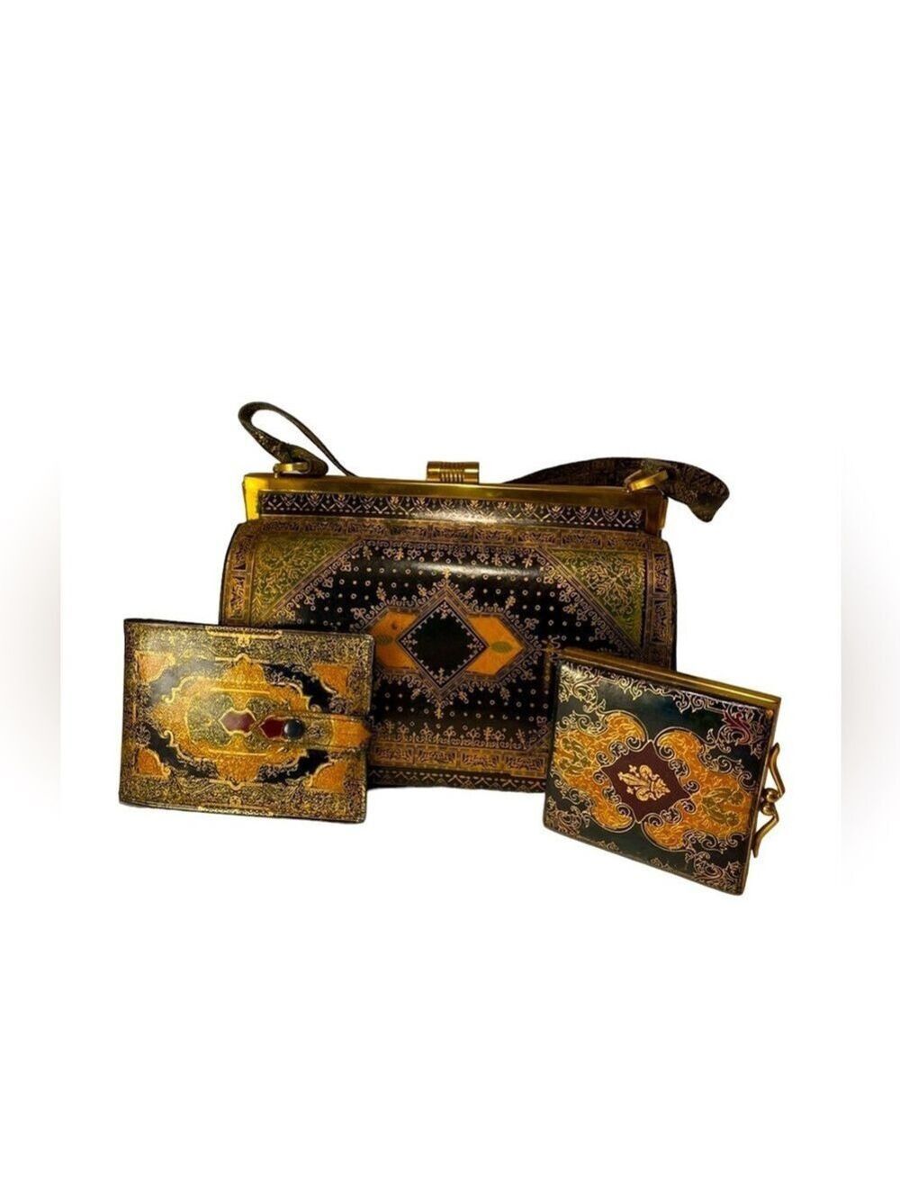 Vintage Florentine Leather Tapestry Kiss Lock Vanity Bag Italy Set